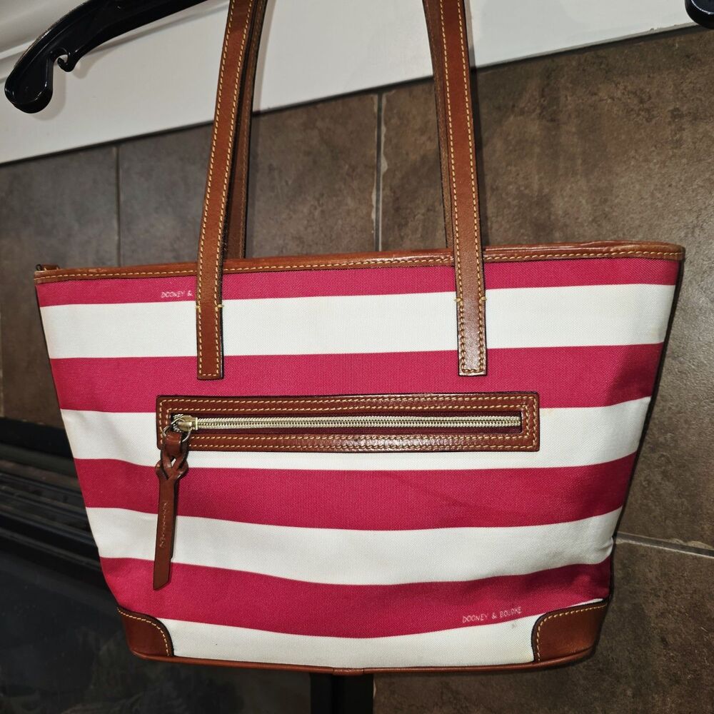 Dooney & Bourke Charleston Pink White Stripes Logo Zipper Top Shoulder Bag Purse - Picture 6 of 16